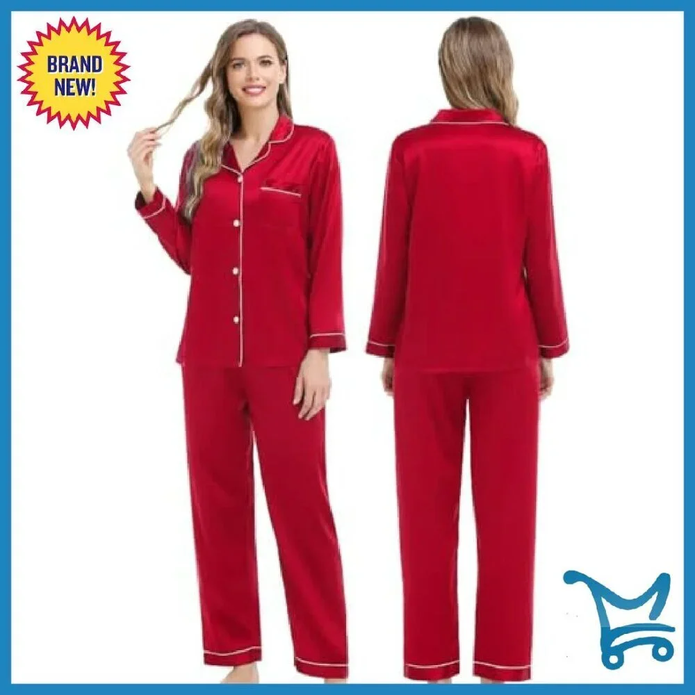 Silk Satin Pajama Set Long Sleeve Button Down Sleepwear Lounge